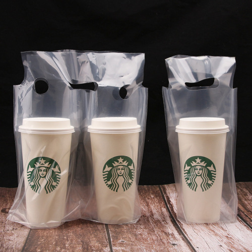 Plastic bags for disposable takeout food, drinks, with handles, for tea and milk tea cups, for manufacturers and wholesalers, printed
