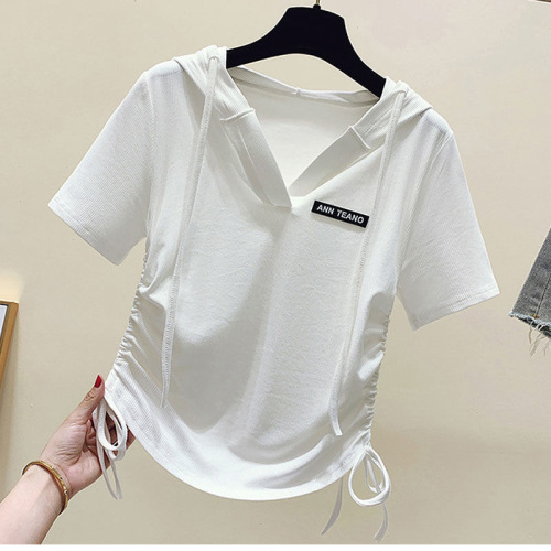 Ice silk hooded short-sleeved T-shirt women's new summer fashion versatile irregular drawstring short base shirt top