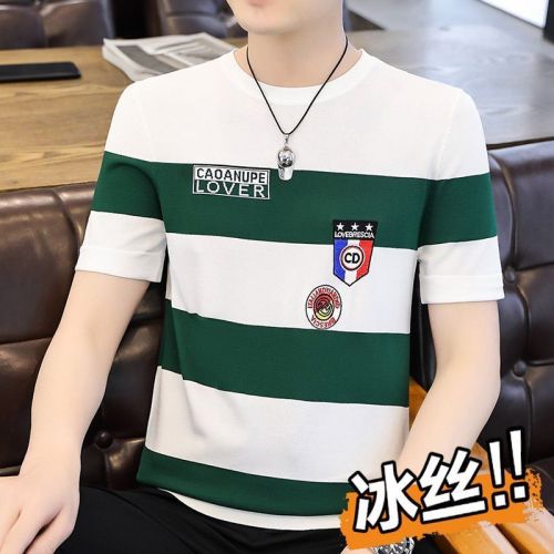 Summer men's short-sleeved T-shirt ice silk high-end round neck contrast striped thin T-shirt half-sleeved men's top