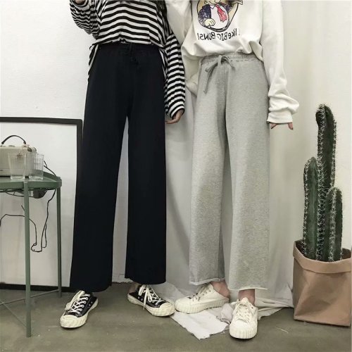 Women's 2025 Summer New Korean Style High-Waisted Droopy Wide Leg Pants with Elastic Waist Loose Casual Solid Color Nine-Segment Student Pants