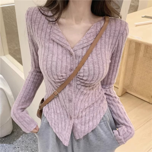 Front Collar Pleated Long-Sleeve Open Cardigan T-Shirt Women Spring and Autumn Season Hot Girl Fitted Design Fashion Unusual Top for Outerwear