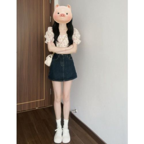 Women's 2024 Summer New Arrival Korean Style Youthful Floral Square Collar Short-Sleeve Shirt Top High-Waisted Denim Skirt Set