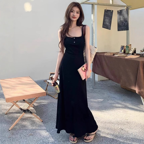 Ins sexy pure desire square neck buttonless sleeveless camisole dress post-shaping mother dress waist-cinched long A-line dress for women trendy