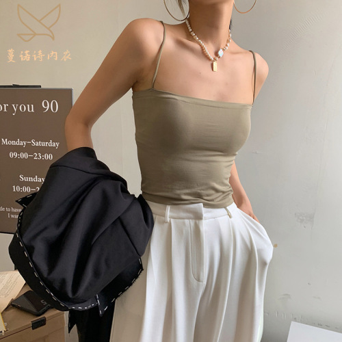 Hot girl versatile solid color camisole women's integrated chest pad spaghetti straps slimming bottoming tube top top wear trendy