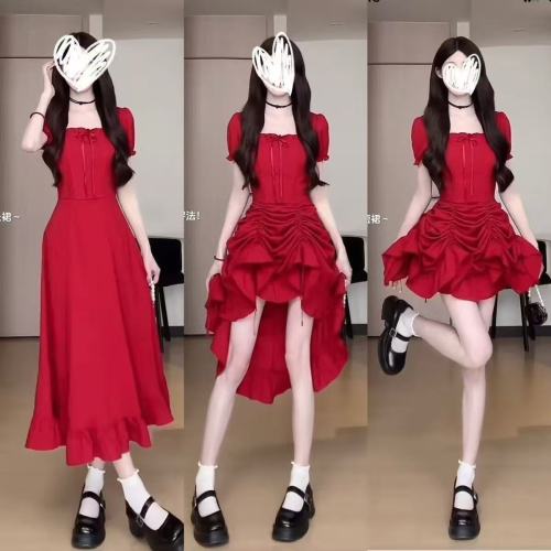 Summer French Minimalist Layered Adjustable Solid Color Long Dress with Charming Waist Cinching and Slimming Effect Triple Fold Dress