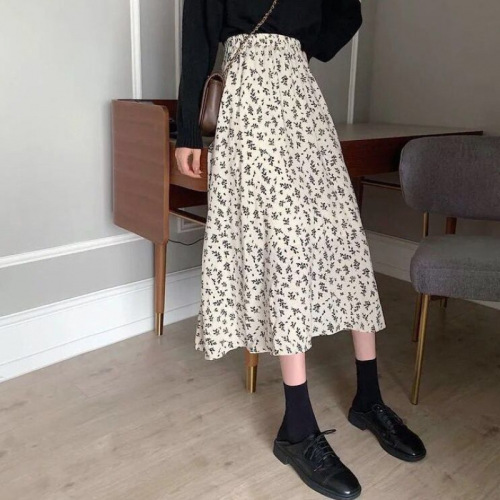 Petite floral half-body skirt, fairytale-like, slenderizing, new 2025 model, versatile, knee-length, high-waisted, long written skirt