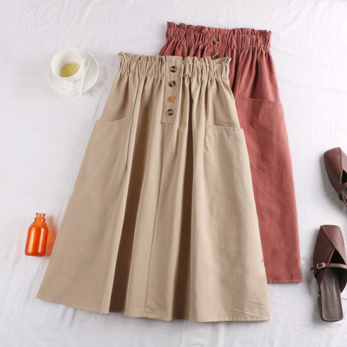 Button Half Body Skirt Spring and Summer Youthful and Elegant Women's Han Style Japanese Style Elastic Waist Medium Length Casual A-line Skirt