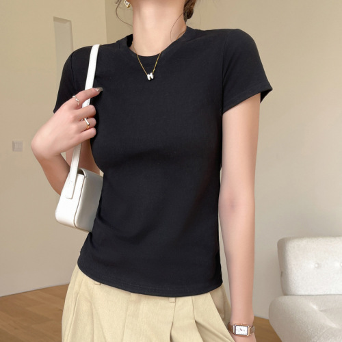 Pure Color Small Round Neck Short Sleeve Women's Spring Summer Outerwear Plus Size Fitted Base Shirt