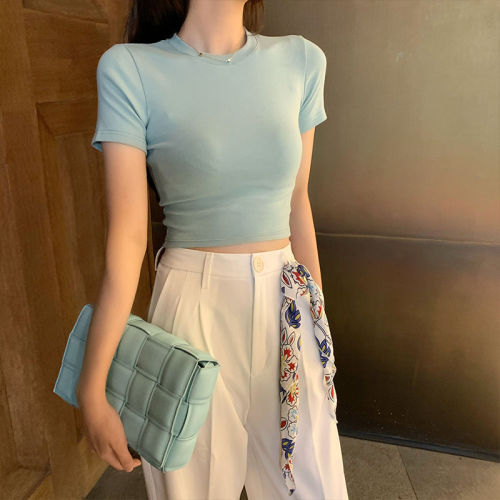 Women's Short Sleeve T-Shirt, Short Style, 2025 New Summer Versatile High-Waist Navel-Baring Fashion Solid Color T-Shirt Top