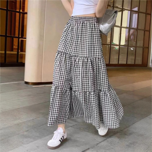 2025 Grid-Styled Long Dress for Women, Summer High-Waist Large-Breasted Umbrella Skirt A-Line Slimming Retro Checkered Semi-Costume Dress