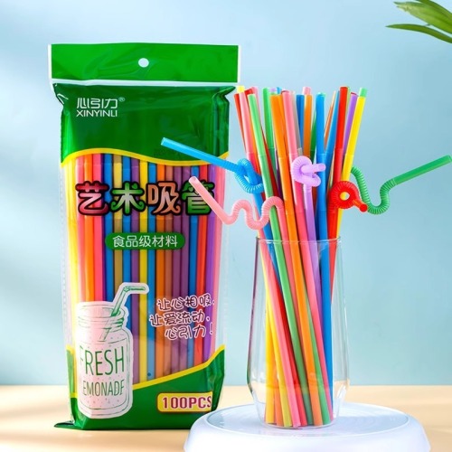 Factory direct sales art long straw disposable single-branch curved colored food grade beverage milk tea children's high temperature resistance