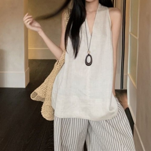 Lazily Relaxed Style Outfit - Complete Casual Set for Women - Summer Neckless V-Neck Tank Top Striped Wide Leg Pants Two-Piece Set