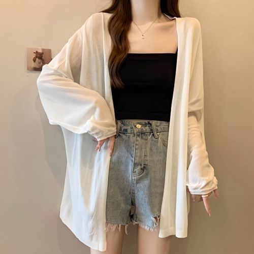 Stylish and Versatile Loose Fit Long-Sleeve Knit Sun Shirt for Women, with Mesh Overlay, Suitable for Layering