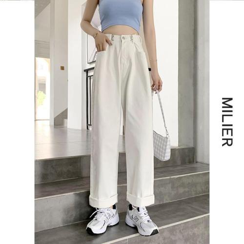 2024 New Model Black and White High-Waisted Straight Leg Loose Wide Leg Invisible Floor-Length Denim Jeans for Women