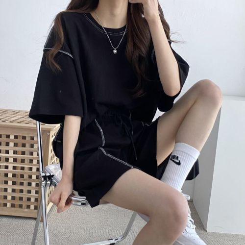 Cotton-inclusive set of women's short-sleeved shorts two-piece set of student couples Korean style summer fashion casual sportswear loose