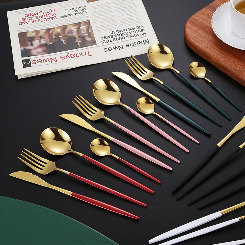 Portuguese stainless steel tableware steak knife and fork spoon Western tableware cutlery fork spoon coffee spoon set European style gold