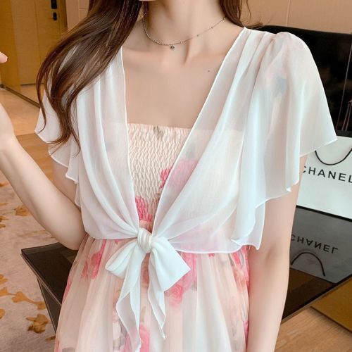 Summer chiffon women's shoulder wrap with spaghetti straps, cloak dress, small square neck, outerwear with sunscreen sweater, fairy coat, thin jacket