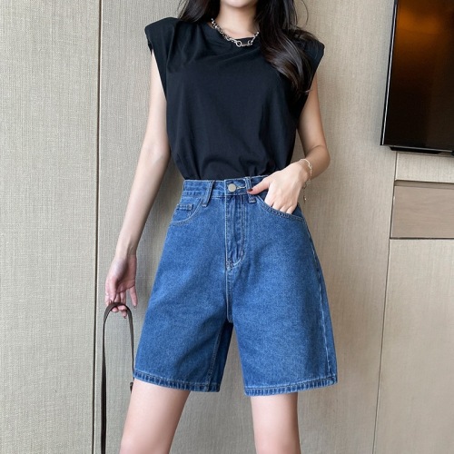 Trendy denim shorts for women  summer loose and thin large size fat mm slimming a-line high-waisted straight-leg pants