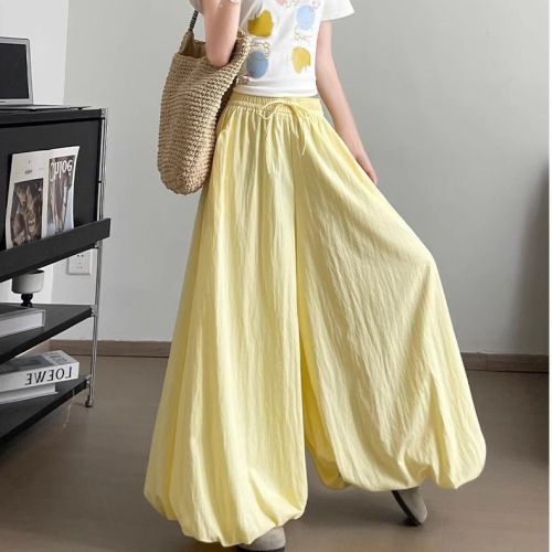 Women's Summer New High-Waisted Loose Slimming Sheer Leggings with Yellow Blossom Skirt, Casual Wide Leg Pants, Trendy