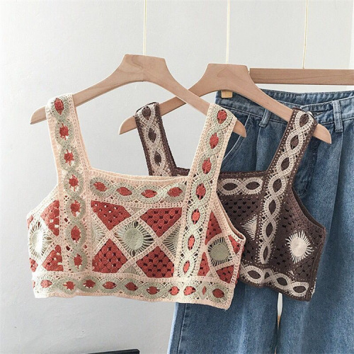 Bohemian ethnic small suspender vest embroidered hollow knitted short inner wear women's sleeveless top new style