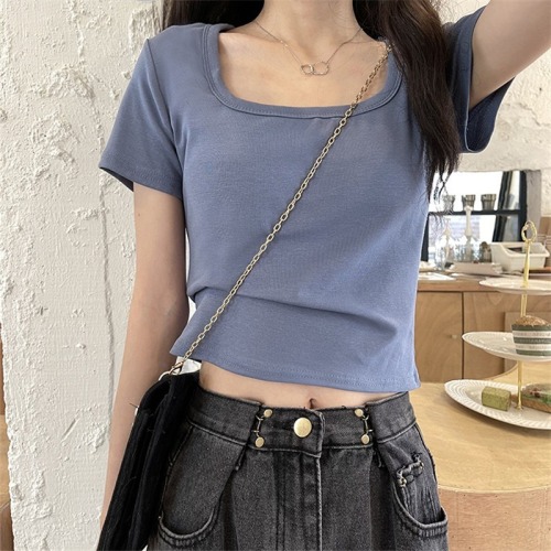 Women's New Korean Version Ins Trend Square Collar Bone-Showing Short Sleeve T-Shirt, Pure Color High-Waisted Navel-Baring Top, Wholesale