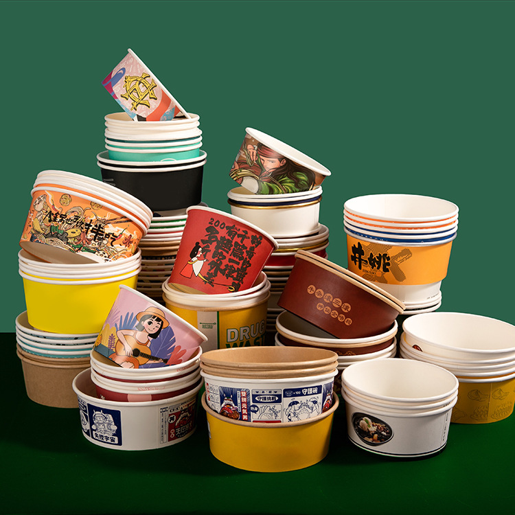Wholesale Printable Kraft Paper Bowl Packing Paper Bowl Round Soup Bowl Soup Bucket Disposable Fast Food Lunch Box Takeaway Paper Bowl 