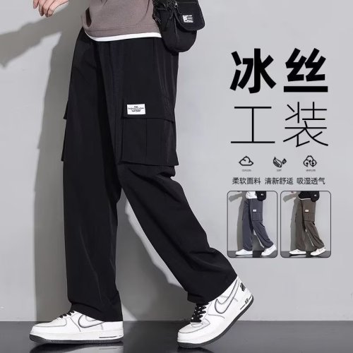 Multi-pocket Ice Silk Work Pants Summer Thin Men's Loose Breathable Casual Quick-dry Sport Straight Leg Wide-leg Pants