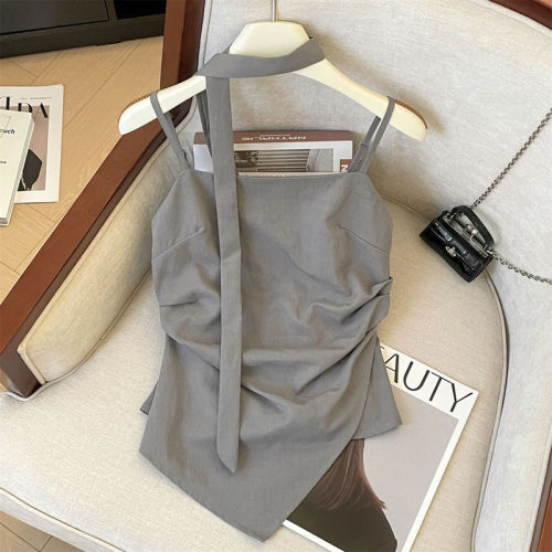Gray high-end sling vest women's summer new irregular pleated temperament streamer beautiful back sleeveless top