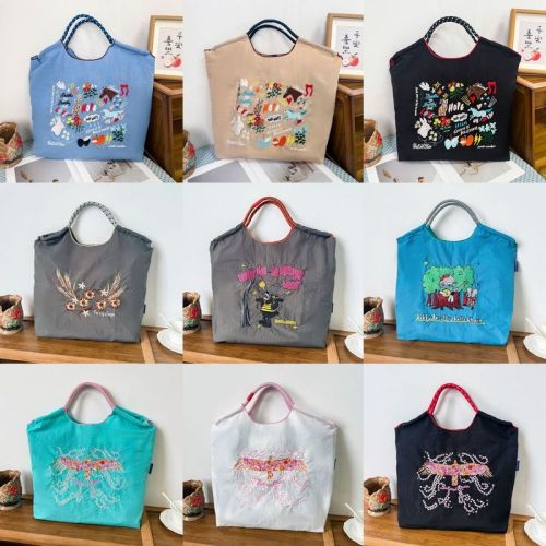 New Japanese-style ball chain embroidery versatile shopping bag, niche cross-stitch embroidery nylon tote bag, eco-friendly bag
