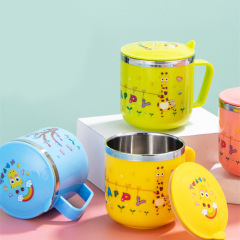 304 stainless steel children's milk cup household direct drink with lid cup cartoon kindergarten anti-fall baby cup universal
