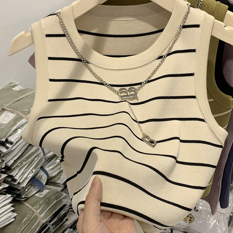 Pure and sexy hot girl style high waist navel exposed short striped vest for women 2023 summer new slim fit inner sleeveless top