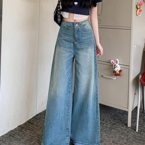 Retro Washed Blue Wide Leg Women's Jeans 2025 Spring New High-Waisted Unique Straight Leg Ground-Length Pants