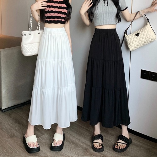 White High-Waist Tiered Cake Dress for Women - Summer Thin Version Plus Size Slimming Skirt for Plus-Size Women - Medium Length Pear Shape A-Line Skirt