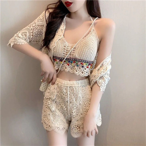 Halter neck camisole lace-up hollow tube top embroidered knitted bohemian ethnic style short women's top