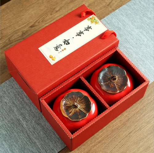 Everything goes well, persimmon ceramic tea can, sealed can, wedding event, candy can, gift box, small gift
