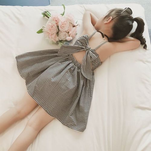 Women's Summer Tank Top Dress  New Han Style Checkered Trendy Medium Child Celebrity Thin Princess Dress