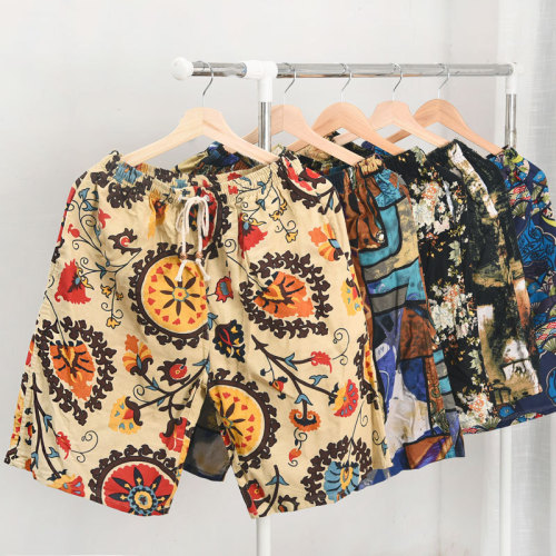 Summer New Cotton Linen Print Five-Finger Men's Beach Shorts Casual Sports Loose Plus Size Shorts Men Thin Trendy