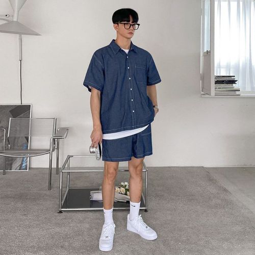 MYQ Workwear Short Sleeve Denim Shirt Jacket Men's Summer Korean Style Loose Retro Workwear Denim Shorts Set