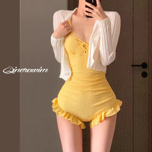 Swimsuit women's one-piece suspender solid color long sleeve two-piece set to make you look slim and sexy backless hot spring bathing suit wholesale