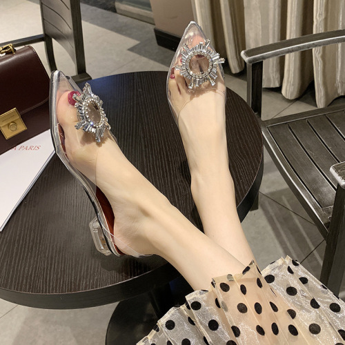  summer new sunflower crystal heel pointed toe bag high heel sandals for women transparent rhinestones hollow women's shoes