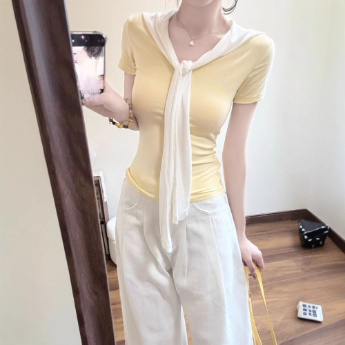 Pure Desire Gentle Yellow Two-Piece Straps Short-Sleeve T-Shirt for Women - Summer New Arrival - Straight Shoulder Slim Fit Slimming Short-Sleeve Top