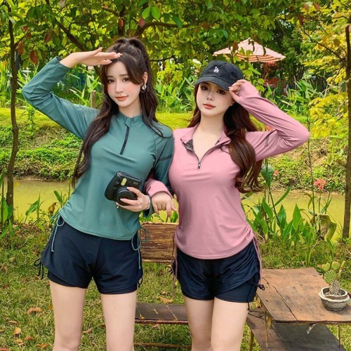 Conservative swimsuit for students covering belly and looking slimming, women's split vacation, hot spring long-sleeved sun protection sports swimsuit large size