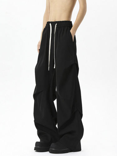 2025 Black Pleated Straight-Leg Wide Leg Men's Medium Waist Relaxed Tight Waist Pants American Streetwear Scissor Hem Pants