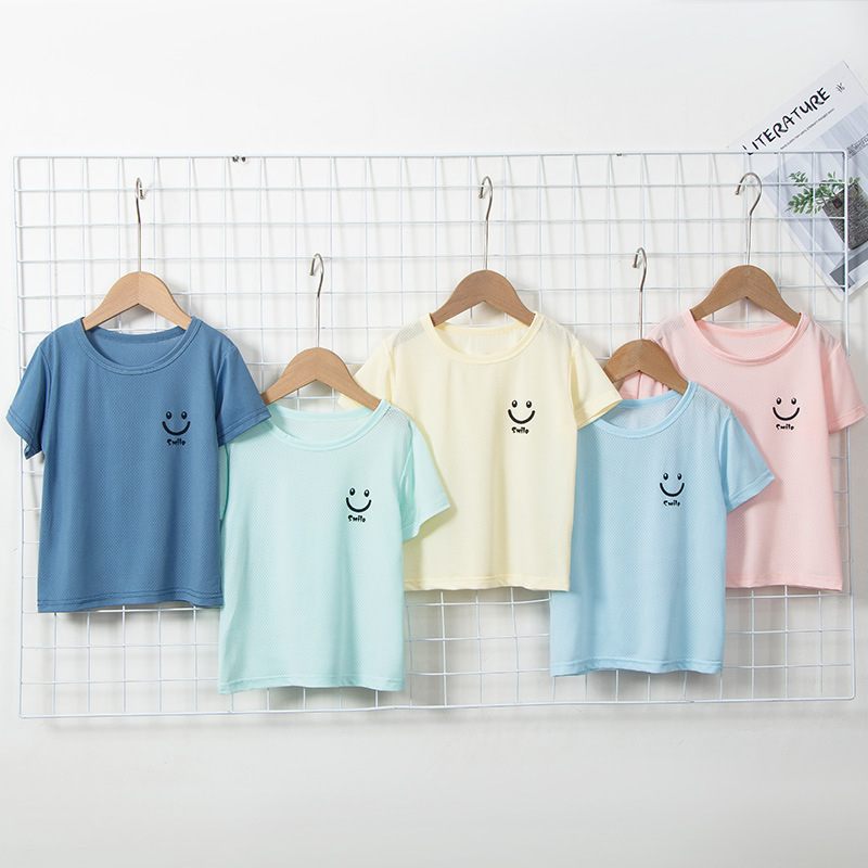 Summer thin children's short-sleeve unisex ice silk T-shirt solid color printed top for young children, wholesale children's half-sleeve clothing