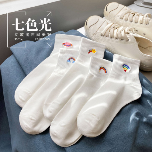 Socks Women's Mid-calf Spring and Summer Embroidered Socks Rainbow Street Japanese Cotton Socks Cute Trendy Spring Sports Socks Breathable