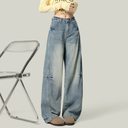 American-style curved-leg wide jeans for women with pear-shaped figures, new plus-size high-waisted loose drop-shaped scythe pants