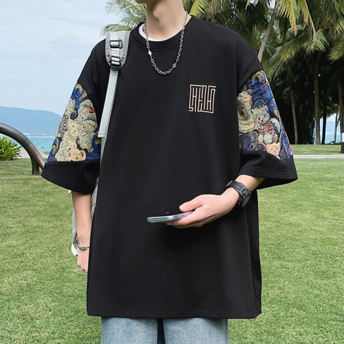 Men's Streetwear High-End Splicing Short Sleeve T-Shirt with Design, Korean Style Loose Half-Sleeve T-Shirt, Summer New Arrival Versatile T-Shirt