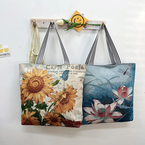 Cross-border new gold-thread canvas bag fashionable retro casual single-shoulder bag creative pattern women's tote bag wholesale