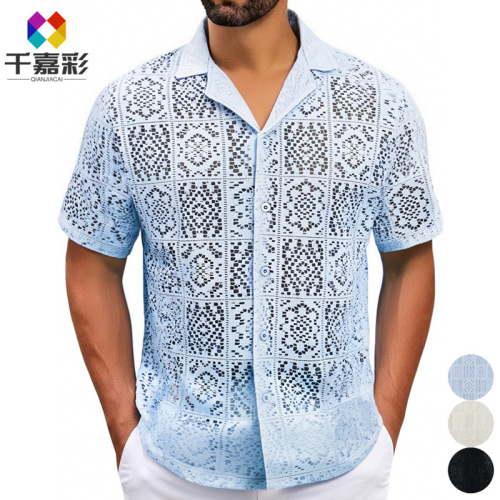 Export Cross-border Men's Clothing European and American Casual Lace Men's Shirt Summer New Short-sleeved Lace Shirt Men A0307 