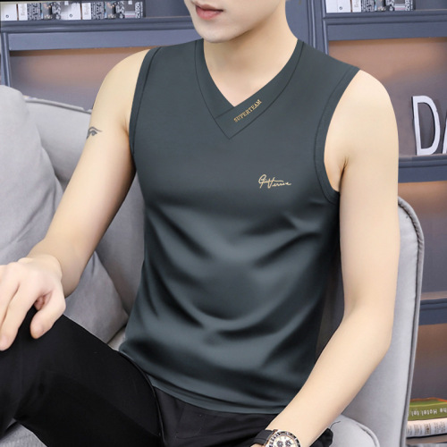 Summer New Men's V-Neck Wide Shoulder Open-Front Shirt Sleeveless Tank Top Sweatshirt Base Layer Running Fitness T-shirt